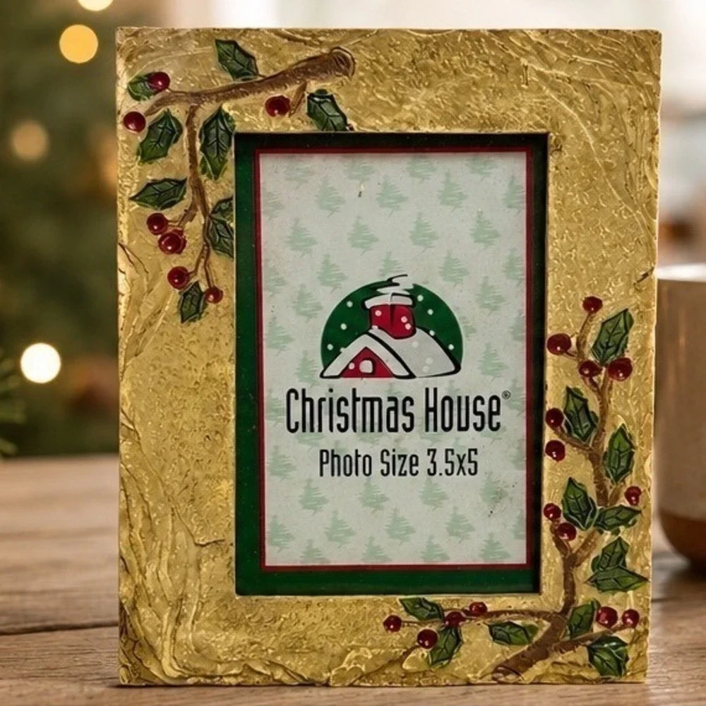 Christmas House Gold Holly Berry 3.5x5 Picture Frame Textured Resin Holiday Deco